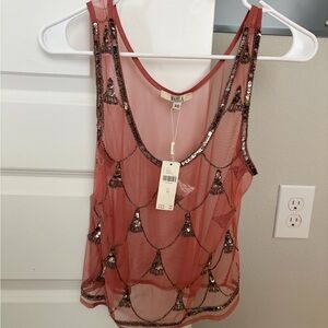 Anthropologie Rose Pink Embellished Sequin Mesh Tank